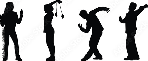 Hypnosis silhouette, people under trance, hypnotist vector clipart, mind control pose, illusion act, entranced characters, hypnotic behavior illustration