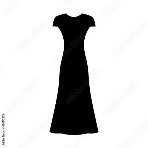 Evening dress silhouette icon for fashion and style, Black silhouette of a long, elegant evening dress with short sleeves, representing formal wear, fashion design, or clothing apps.

