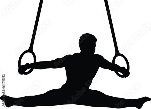 Cad drawing flat vector illustration, male gymnast on rings, performing split, silhouette artwork, athletic pose strength control, gymnastic figure fitness icon