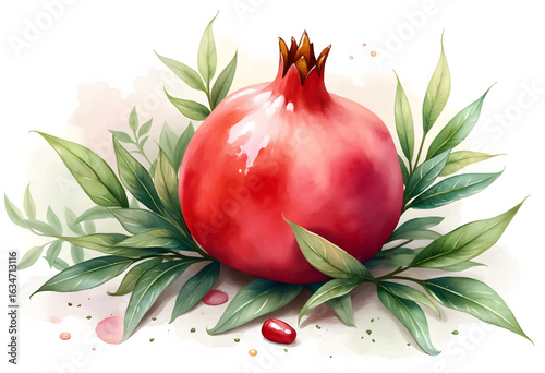 A ripe pomegranate with deep red skin is nestled among lush green leaves. Its vibrant hue contrasts beautifully with the soft background. Tiny droplets add freshness to the composition.
