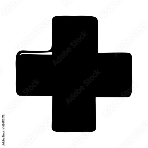 Stylized black plus sign with rounded edges against a white background