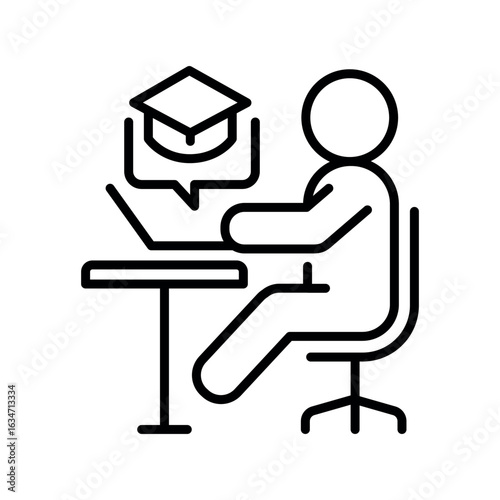 child with laptop black line icon.