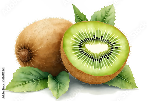 Fresh green kiwi fruit with golden skin and green flesh surrounded by leaves on a white background