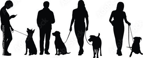 People walking dogs silhouettes, dog leash clipart, black white pet walkers, urban dog walking, casual dog owners, dog walk poses