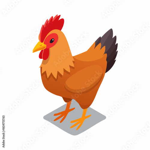 A stylized, isometric illustration of a standing hen, featuring a geometric and cartoon-like design. This image is suitable for modern designs related to agriculture, farming, and organic food product