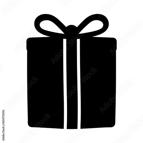 Minimalist black and white graphic of a gift box with ribbon and bow