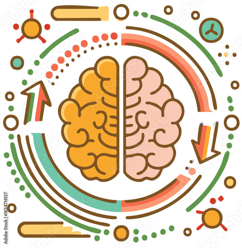 Creative brain activity vector graphic with arrows and connections