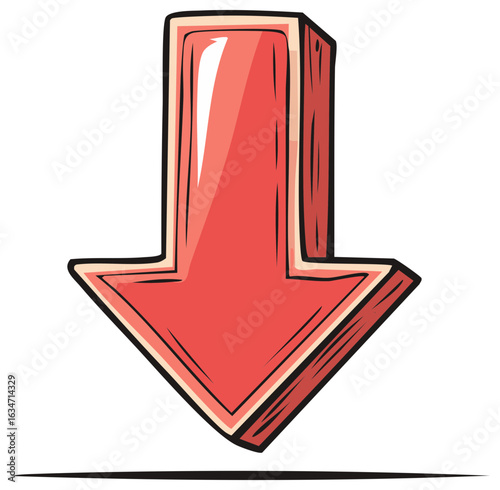 Cartoonish Red Arrow Pointing Down, Graphic Vector Design with Illustration