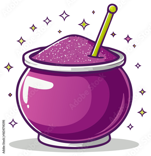 Potent Potion Cauldron Filled with Sparkling Magical Brew and Stirring Stick
