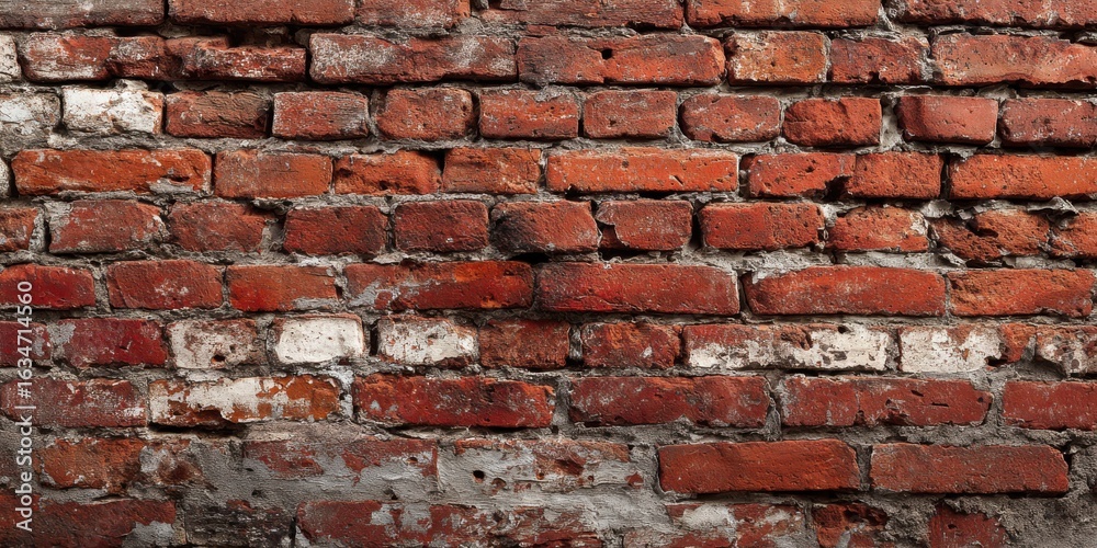 Naklejka premium Rustic background of an old red brick wall with weathered texture. Grunge panoramic view of aged masonry surface.