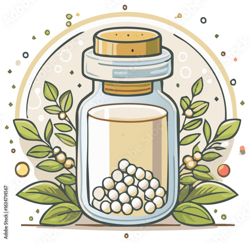 Glass Bottle with Cork, White Pills, and Leafy Green Branches Around for Alternative Medicine or Herbal Remedy