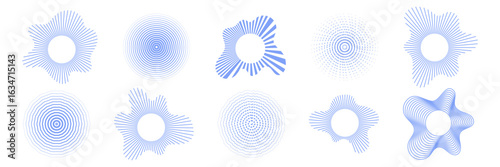 Set of radiate echo patterns. Blue concentric circular and radial shockwave collection.