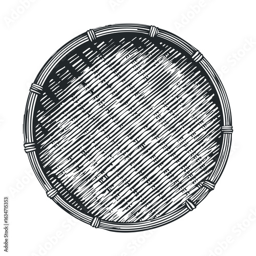 Vintage round bamboo basket sketch with detailed handcrafted weaving