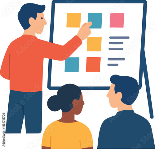 Manager assigning tasks using sticky notes Illustration.