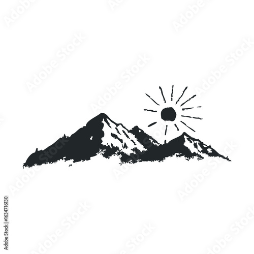 Mountain range silhouette with sun illustration in black and white