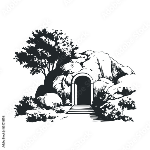 Ancient stone cave entrance in rocky landscape with trees