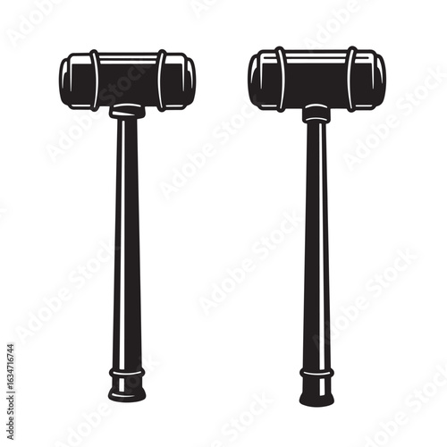 Two black and white illustration style mallets representing law justice and judgement