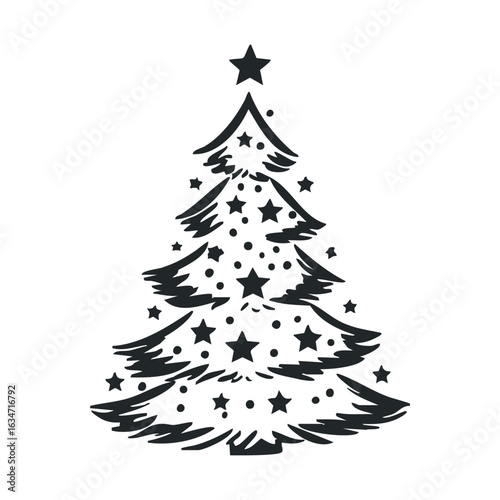 Black and white christmas tree illustration with stars and ornaments