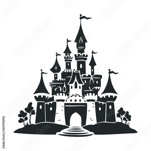 Fantasy castle silhouette with towers and flags on white background
