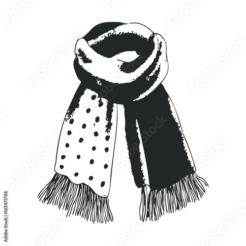 Monochrome knitted scarf with fringe and polka dots illustration