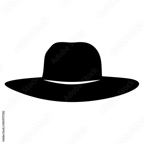 Stylish black silhouette of a wide brimmed fedora hat on white
