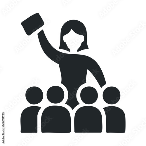 Female educator leading group with book icon illustration