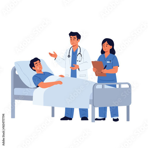 Vector illustration of a doctor visiting a patient in a hospital room. A man is lying in bed during hospitalization or intensive care.
