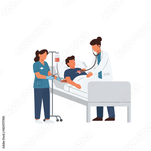 Vector illustration of a doctor visiting a patient in a hospital room. A man is lying in bed during hospitalization or intensive care.