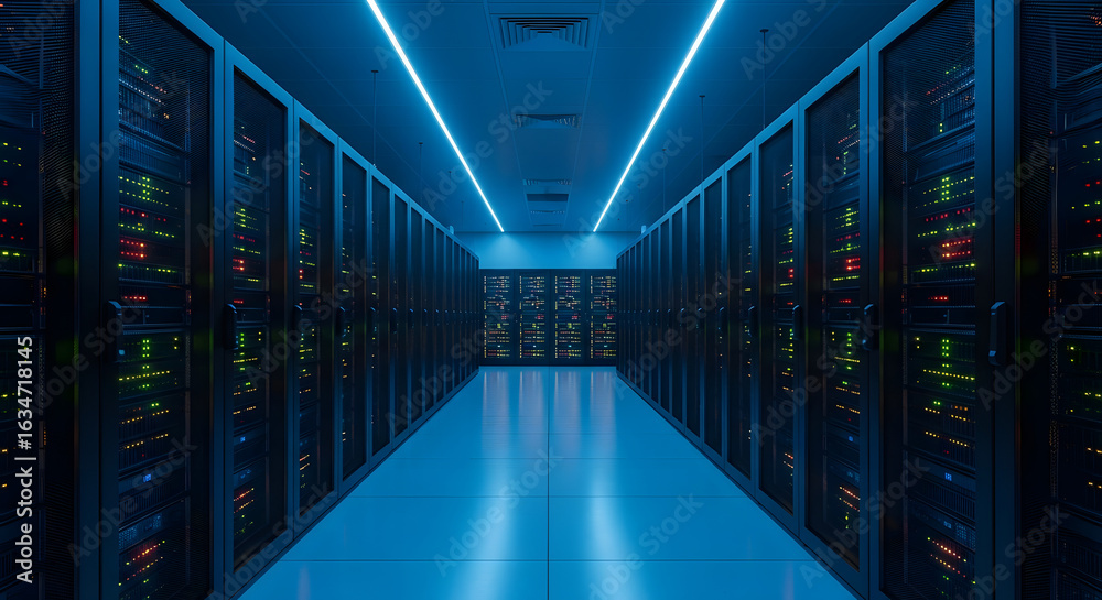 Fototapeta premium Data Center Corridor: A futuristic, symmetrical data center corridor, illuminated with blue lighting, lined with server racks and a technological atmosphere. 