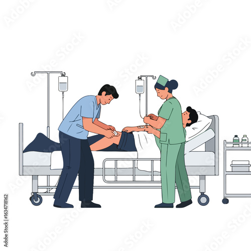 Vector illustration of a doctor visiting a patient in a hospital room. A man is lying in bed during hospitalization or intensive care.