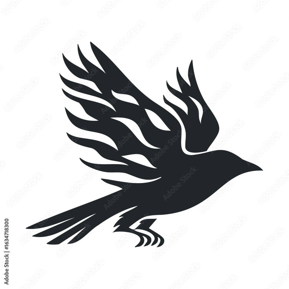 Fototapeta premium Stylized black bird silhouette with intricate wing design on white background