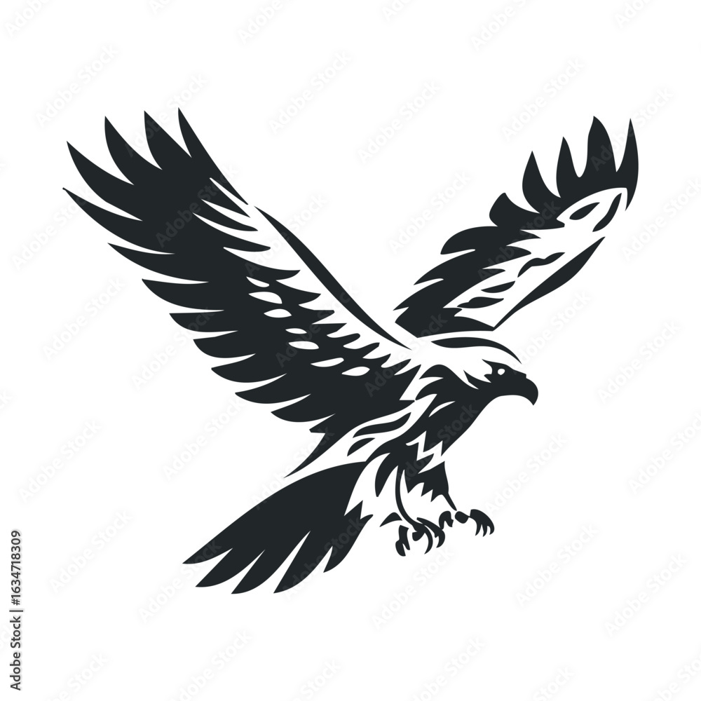 Obraz premium Black and white stylized hawk illustration with spread wings and sharp talons