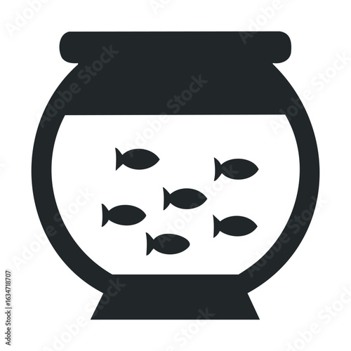 Black and white fishbowl icon with uncolored fish on transparent background