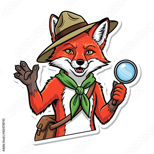 Curious Fox Explorer: An adventurous fox, adorned in a safari hat and explorer's attire, eagerly sets out on a journey of discovery, magnifying glass in hand.