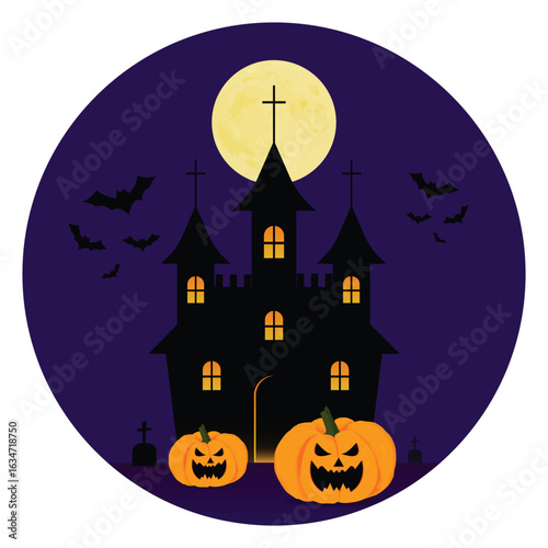 Spooky haunted house with glowing pumpkins, bats, and full moon in Halloween night