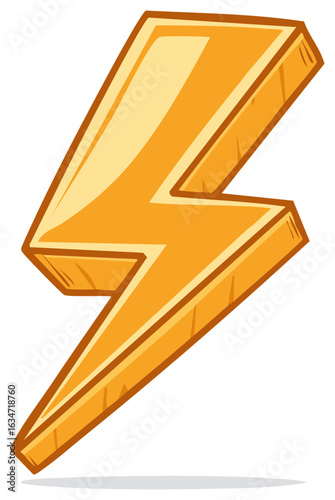 Cartoon illustration of a golden lightning bolt symbol with 3d effect and brown stroke