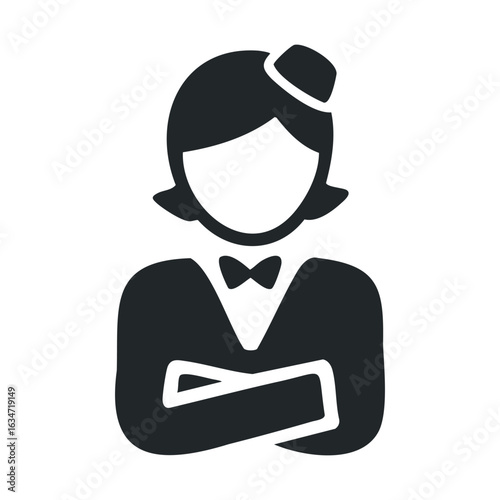 Minimalist black and white icon of an arm-crossed person wearing a hat and bowtie