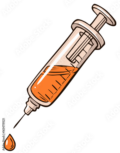 Hand drawn medical syringe illustration with orange vaccine and a falling drop