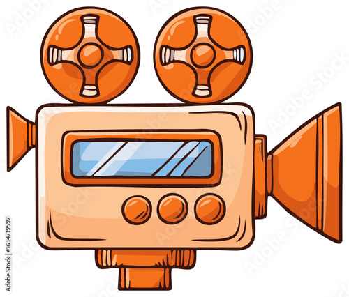 Cartoon illustration of vintage style orange film camera for film or television production