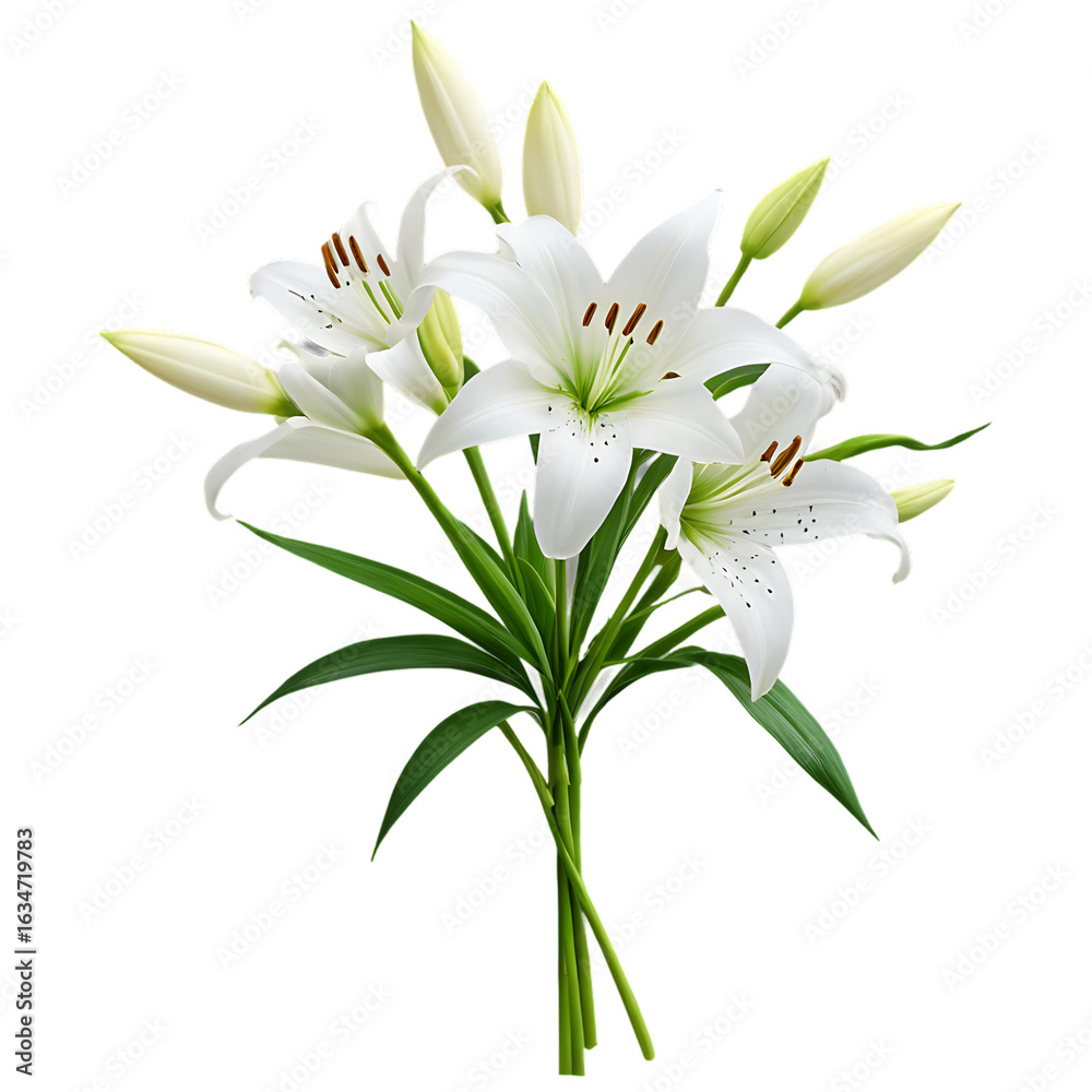 Obraz premium Elegant bouquet of white lilies isolated on transparent background, showcasing delicate petals and fresh blossoms, perfect for weddings, celebrations, and romantic occasions