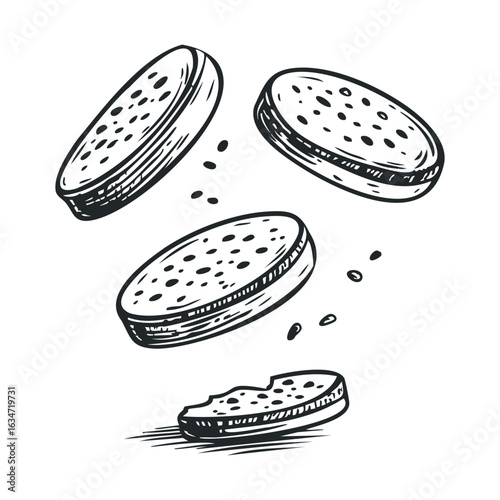 Illustration of floating cookie slices with dots and crumbs in black and white