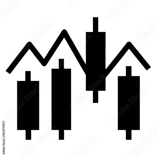 Stock candlestick chart icon for trading apps, Black candlestick chart symbol with zigzag line, commonly used in finance, stock trading, and cryptocurrency market interfaces.
