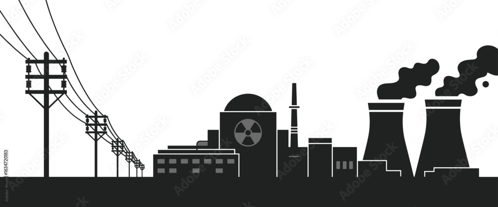 Naklejka premium Power station silhouette, nuclear plant illustration, cooling towers, smokestacks, electrical grid, energy infrastructure, electricity supply, atomic reactor