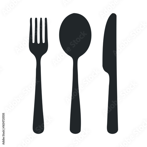 Silhouette of fork, spoon, and knife: classic cutlery design in black and white