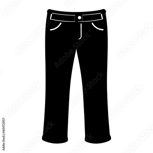 Black pants icon for clothing or fashion apps, Simple black silhouette of pants with visible pockets and button, ideal for clothing apps, fashion design, or UI elements.
