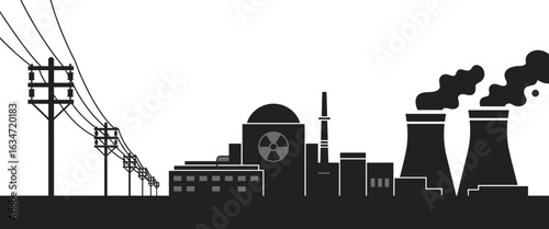 Power station silhouette, nuclear plant illustration, cooling towers, smokestacks, electrical grid, energy infrastructure, electricity supply, atomic reactor