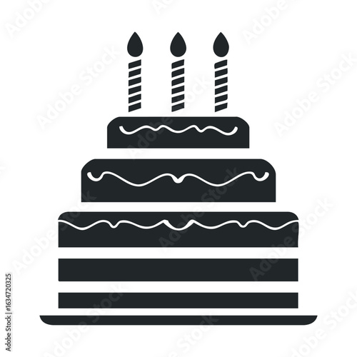 Three-tier birthday cake with candles - black and white illustration on white background