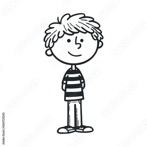 Illustrated cartoon of young caucasian male child with striped shirt and messy hair