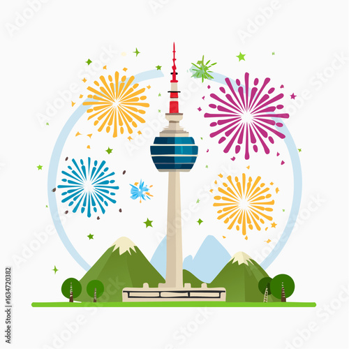 Festive fireworks display over a famous observation tower in Seoul, South Korea. Vector illustration of a city landmark and celebration.