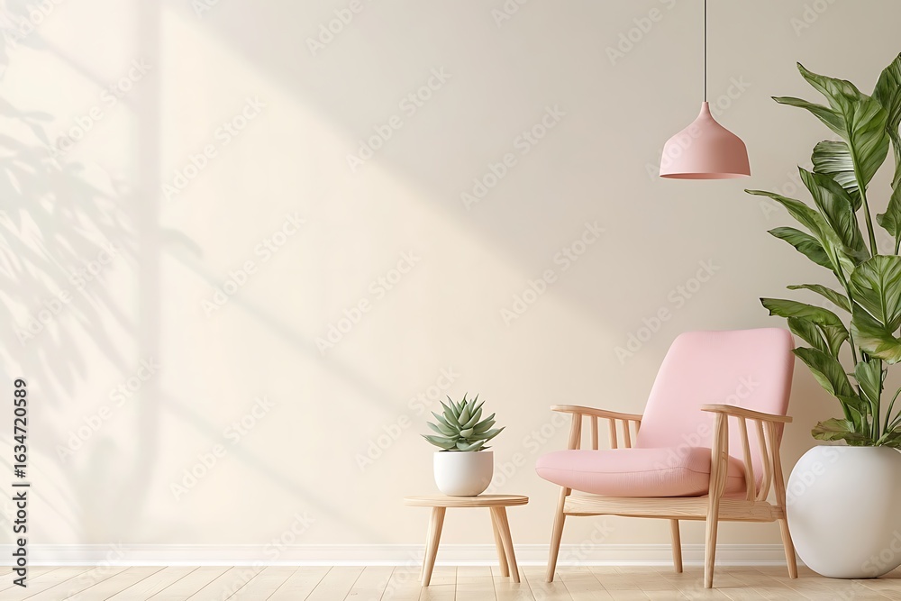 Fototapeta premium Interior design with pink chair, pink pendant lamp, and plants against beige background